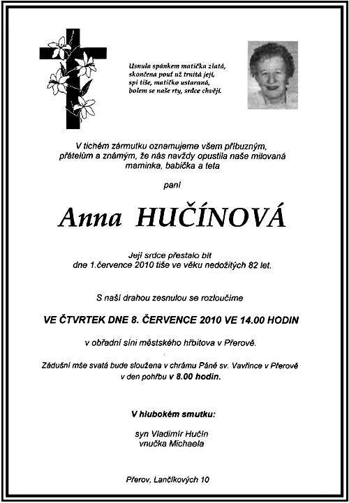 ANNA HUČÍNOVÁ  †  1.7.2010